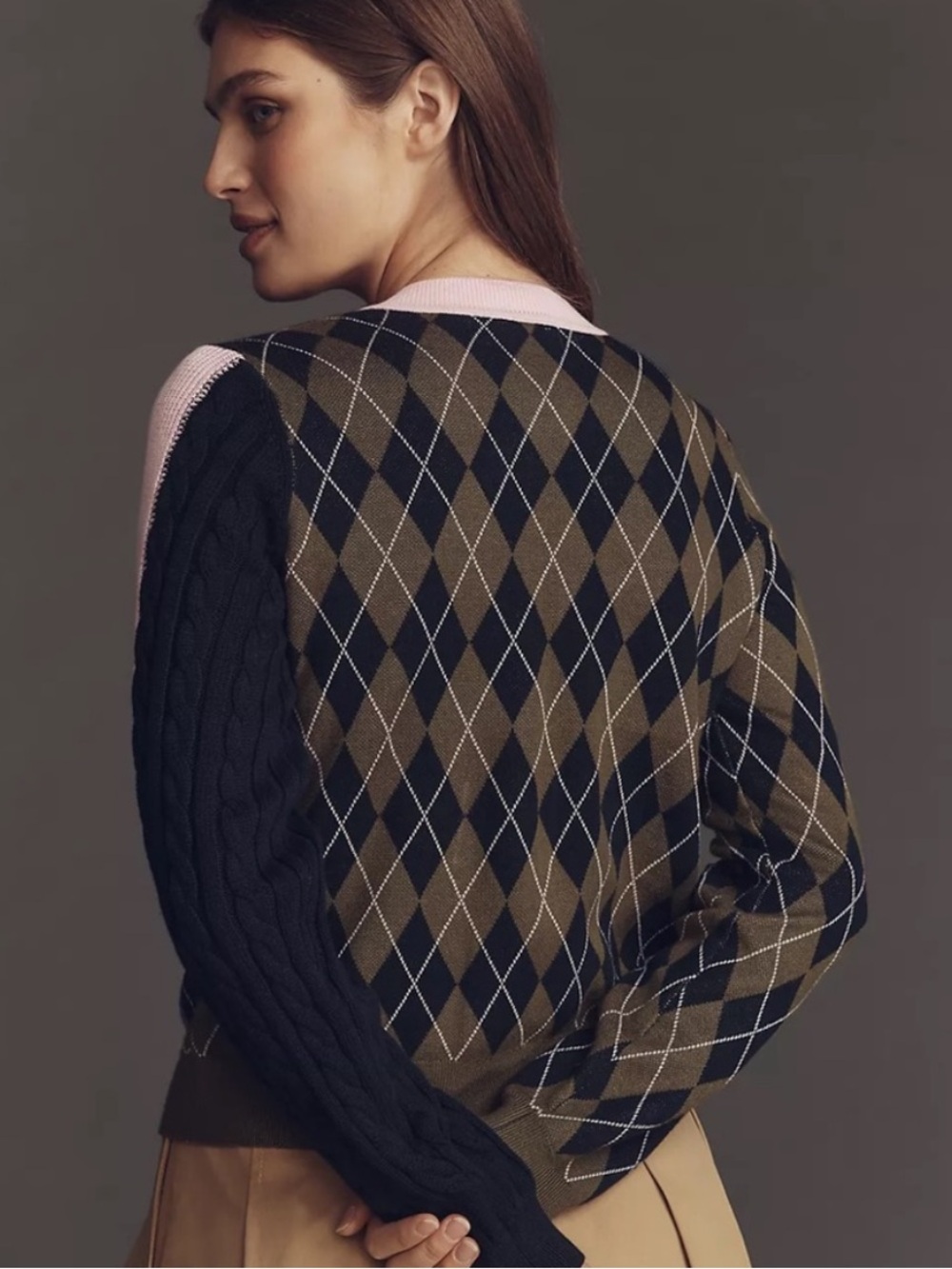 Maeve Olive, Black & Pink Argyle Knit Cardigan - Picture 2 of 9